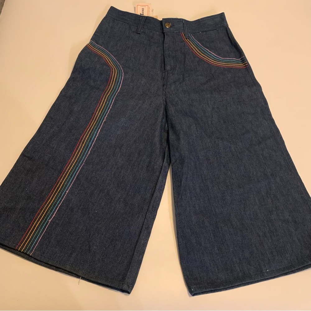 Vintage Gauchos Culottes Denim Wide Bell Bottom Rainbow Stitch Jeans NWT NOS 28
